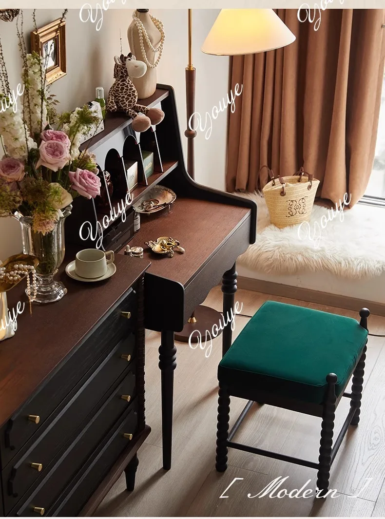 

French retro solid wood dresser, bedroom storage makeup table, American small apartment bedside medium and ancient style makeup