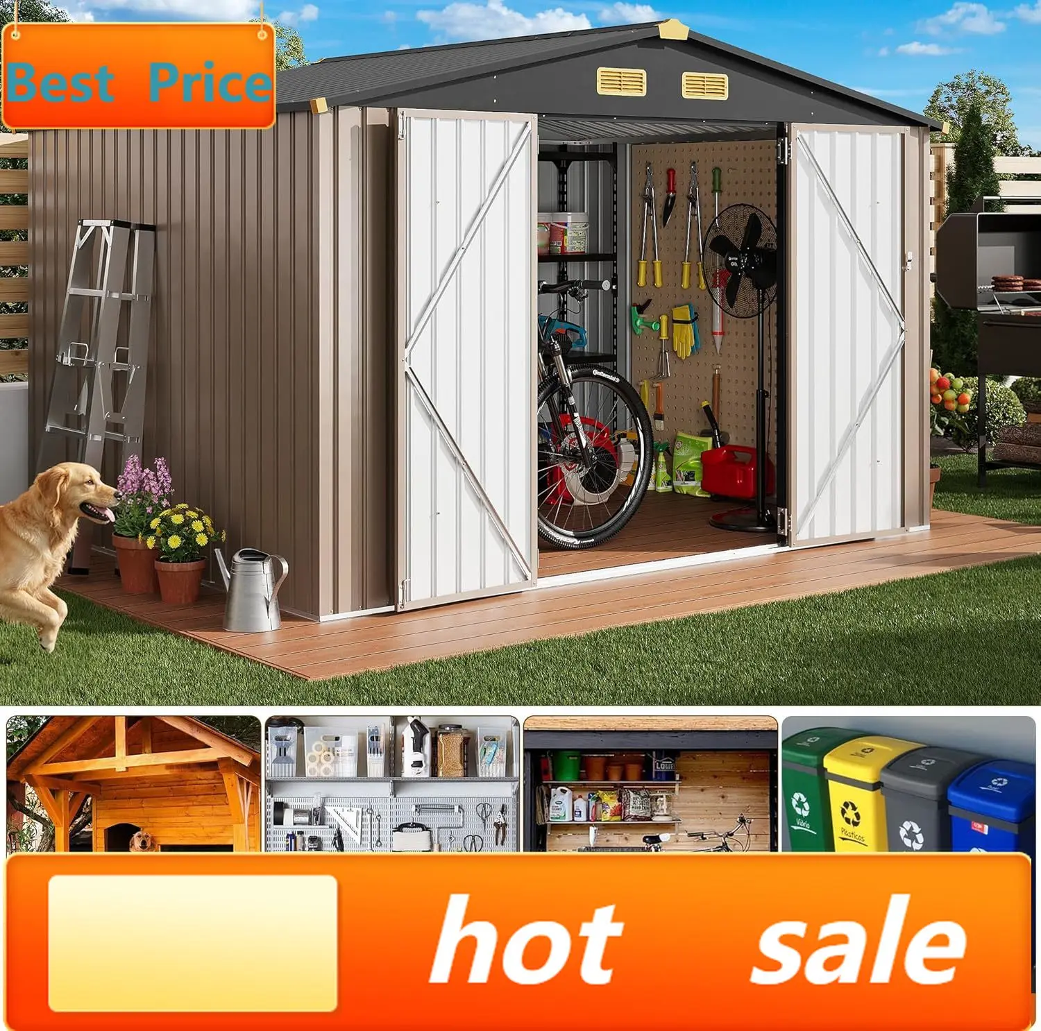 

Популярный уличный сарай для хранения 10x8 футов с вентиляционными отверстиями, металлический сарай из оцинкованной стали с запираемыми дверями для садовых контейнеров