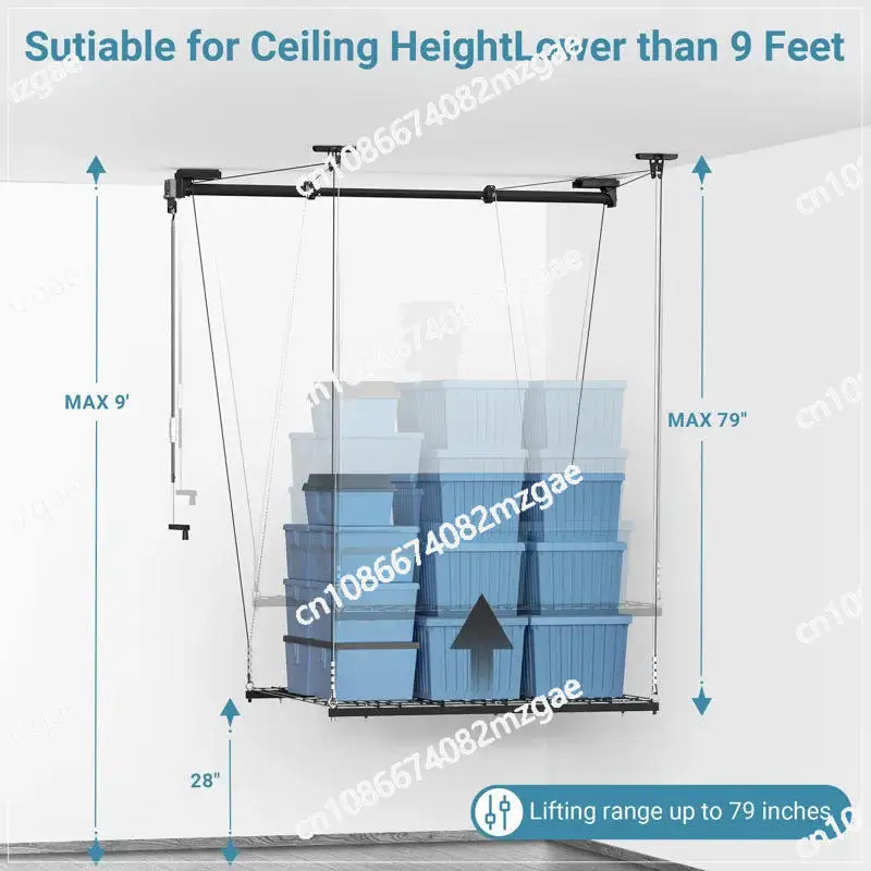 Height-Adjustable Overhead Garage Storage Lift, Professionally Customized 4x4 Ft Ceiling Rack for Secure and Easy Access Storage