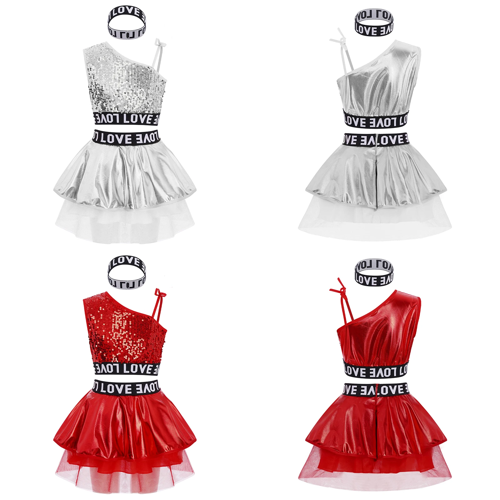 Kids Girls Hip-Hop Clothes Sets Children Jazz Dance Costume One Shoulder Sleeveless Sequins Vest with Tutu Skirt Suits 3pcs