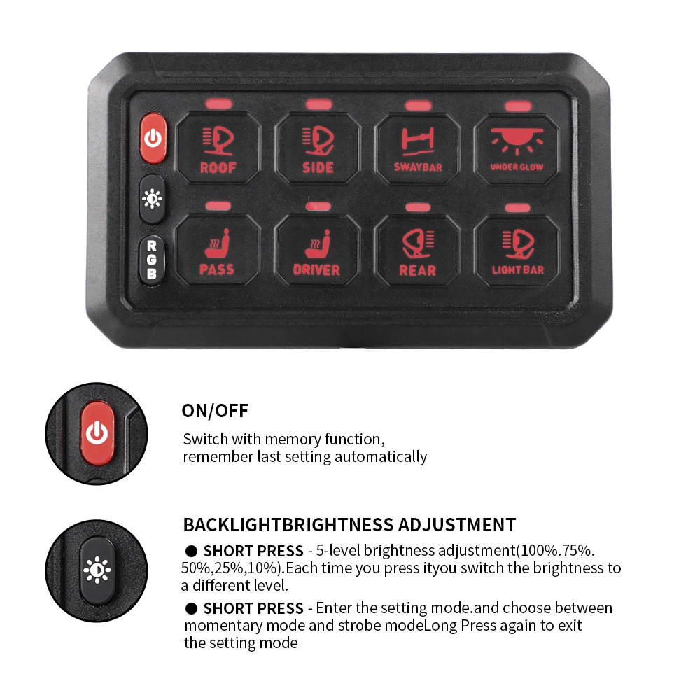 لوحة تحكم باللمس عالمية عالية الجودة ذات 8 مفاتيح RV على الطرق الوعرة التحديثية 8 اتجاهات مع صندوق التتابع