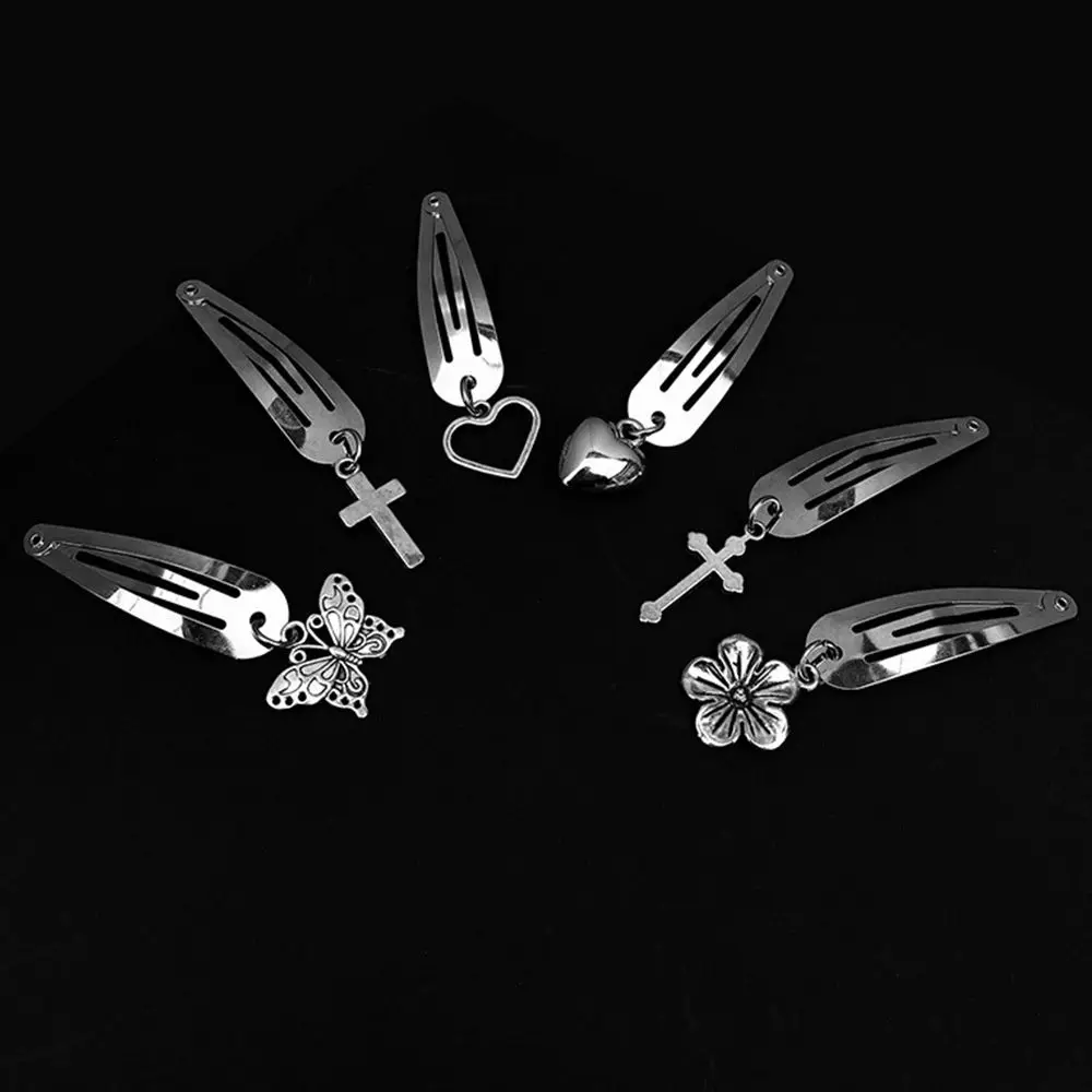 2pcs/set Y2K Punk Hip Hop Hair Clip Silver Color Cross Heart Cherry Drop Water Metal Hair Clip for Women Girls Cool  Accessories