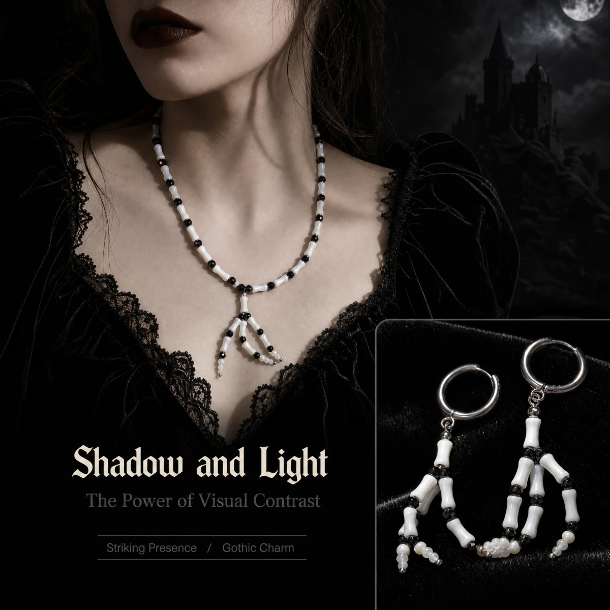 White Trochus Shell Bamboo Joint Bead Black Spinel Skeleton Hand Gothic Halloween Earrings Stainless Steel Copper Chakra Gifts