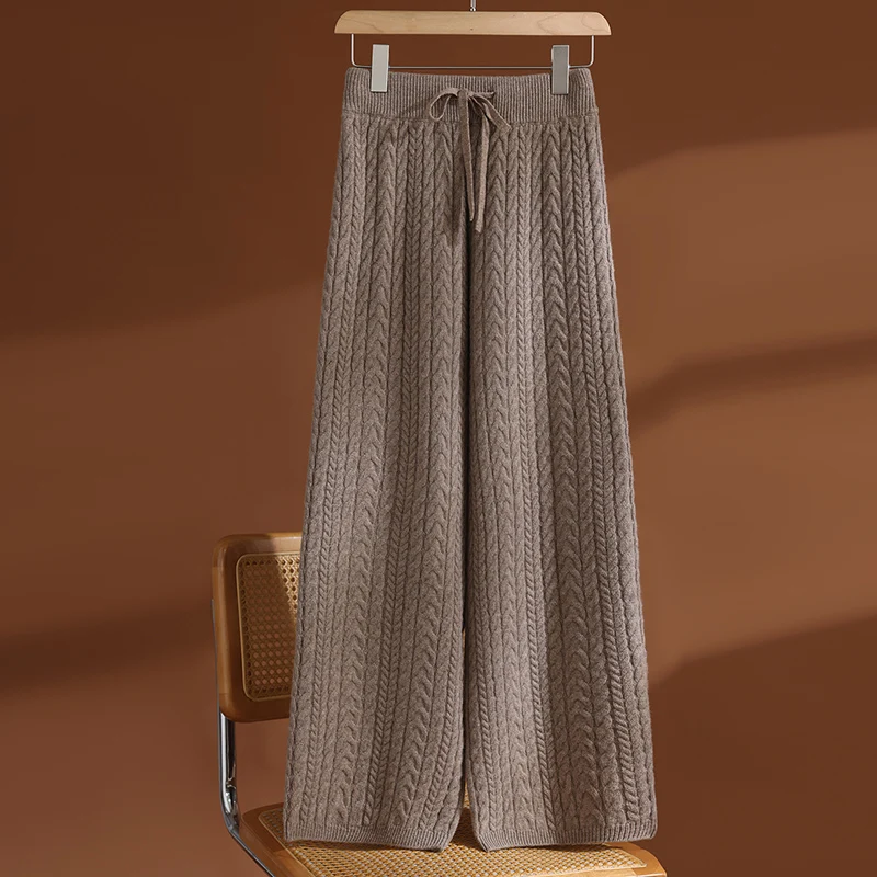 

MEELEX New Classy Women 100% Merino Wool Trousers Casual Autumn Winter Warm Cable Knitted Pants Woman Wide Leg Trousers