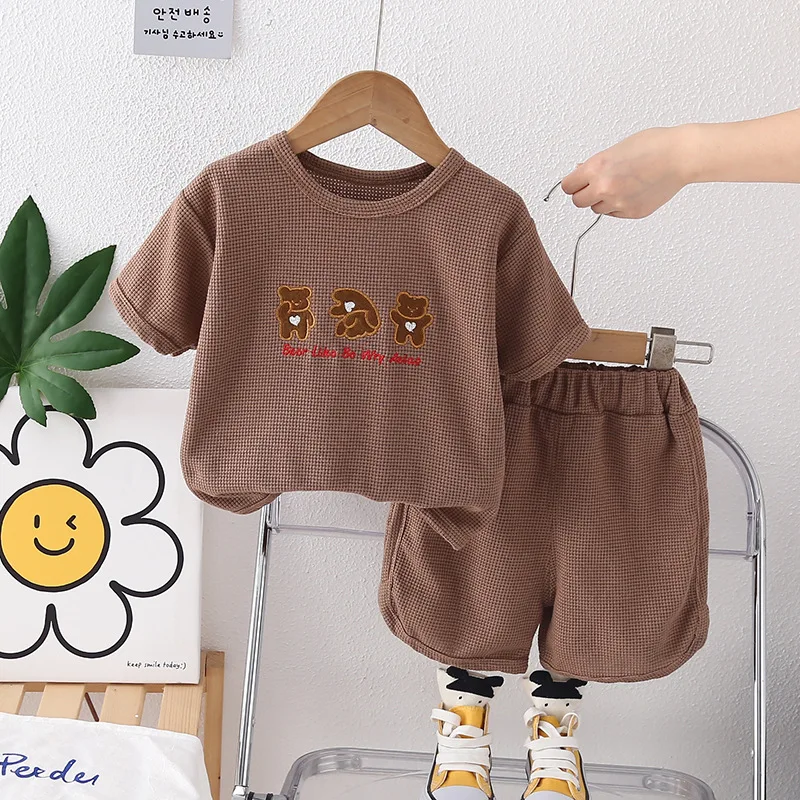Children's Clothing 0-5 Years Baby Boy and Girl Casual Cute Cartoon Waffle T-shirts and Shorts 2 Piece Outfit Set Kids Clothes