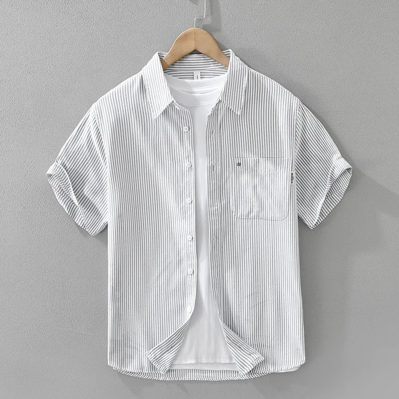 Men's Oxford Striped Short-Sleeve Shirt with Chest Pocket Summer Fashion Casual 100% Cotton Loose Fit Workwear Shirt Man Clothes