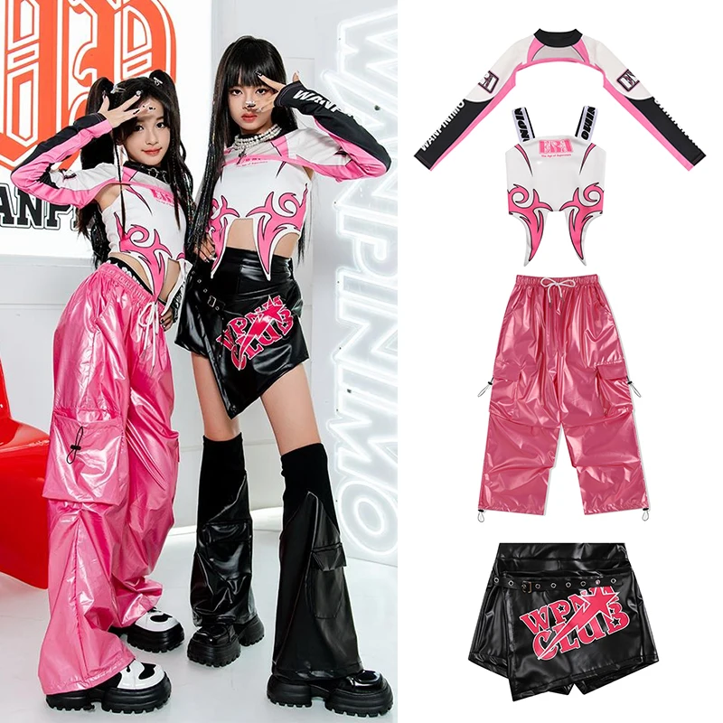 Halloween Hip Pop Dance Costumes For Girl's Group Hip Pop Dance Costumes Cool Street Stage Costume Pink Pants Tops Skirt XH1348