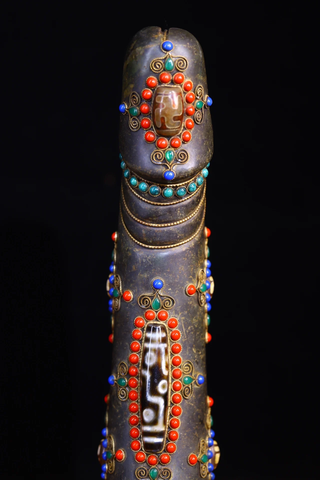 11”Nepalese folk  Old Natural Meteorite Mosaic Gem gZi Beads Giant sun god  genitals Pendant Town House Exorcism view 2