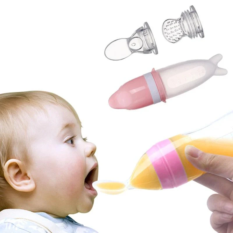 Baby Silicone Food Feeder, Spoon Bottle for Baby, Soft Integrated Design Silicone Baby Squeeze Bottle Dustproof Lid for Vegetabl