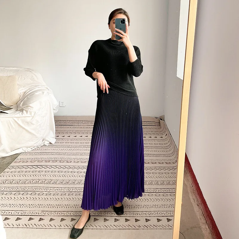 تنورة مياكي للربيع والصيف الجديدة ذات الألوان المتدرجة الراقية للسيدات أنيقة متوسطة الطول بطيات [21bq-c 206103 d]