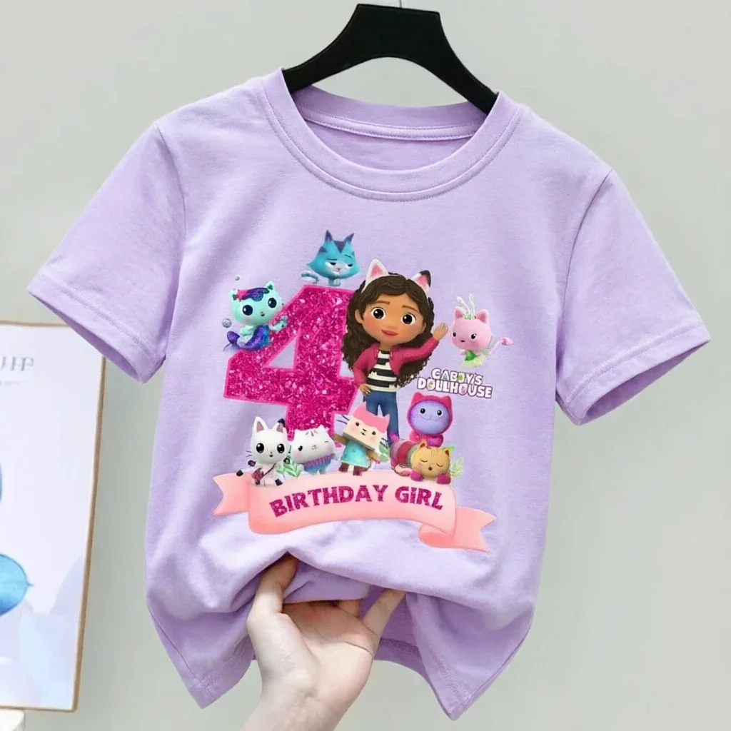 Gabbys Dollhouses Geburtstags-T-Shirt für Mädchen, weiß, rosa, kurzärmelig, Oberteile, Baumwolle, Sommer, Freizeit, Partyartikel, T-Shirt. – Detail 9
