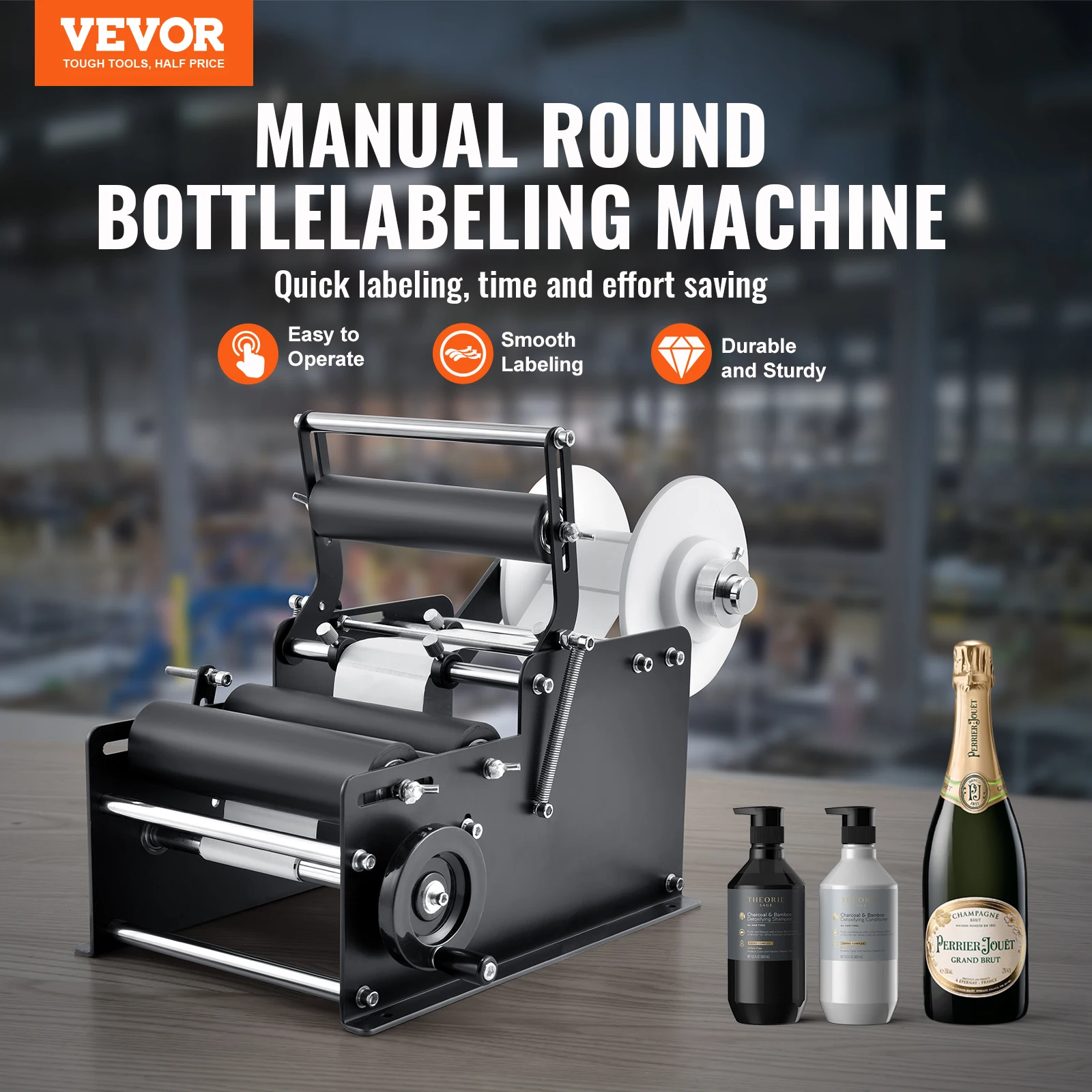 VEVOR Manual Round Bottle Labeling Machine 15-20pcs/min Adjustable Labeler for Bottles Diameter 0.78-4.72 in (with Pressing Bar)