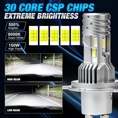 Imagen 2 del producto Faros LED S&D H4 de 150W y 30000LM, Bombillas LED Canbus para Auto, 30 CSP, Luces Altas y Bajas para Conducción, Luz Turbo Blanca de 6000K