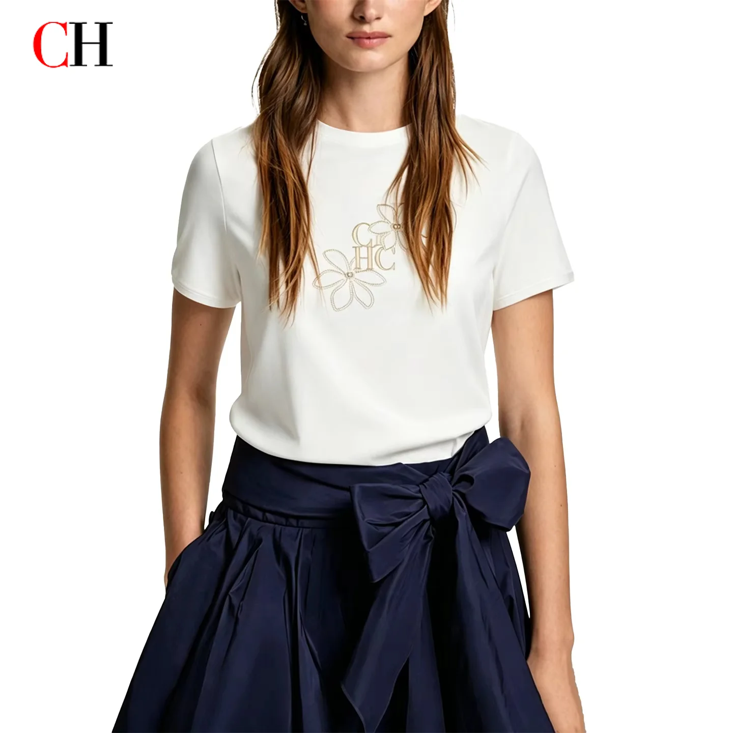 CH Women White Crew Neck T Shirt  Floral Embroidery Letter Print Soft Casual Short Sleeve Tee