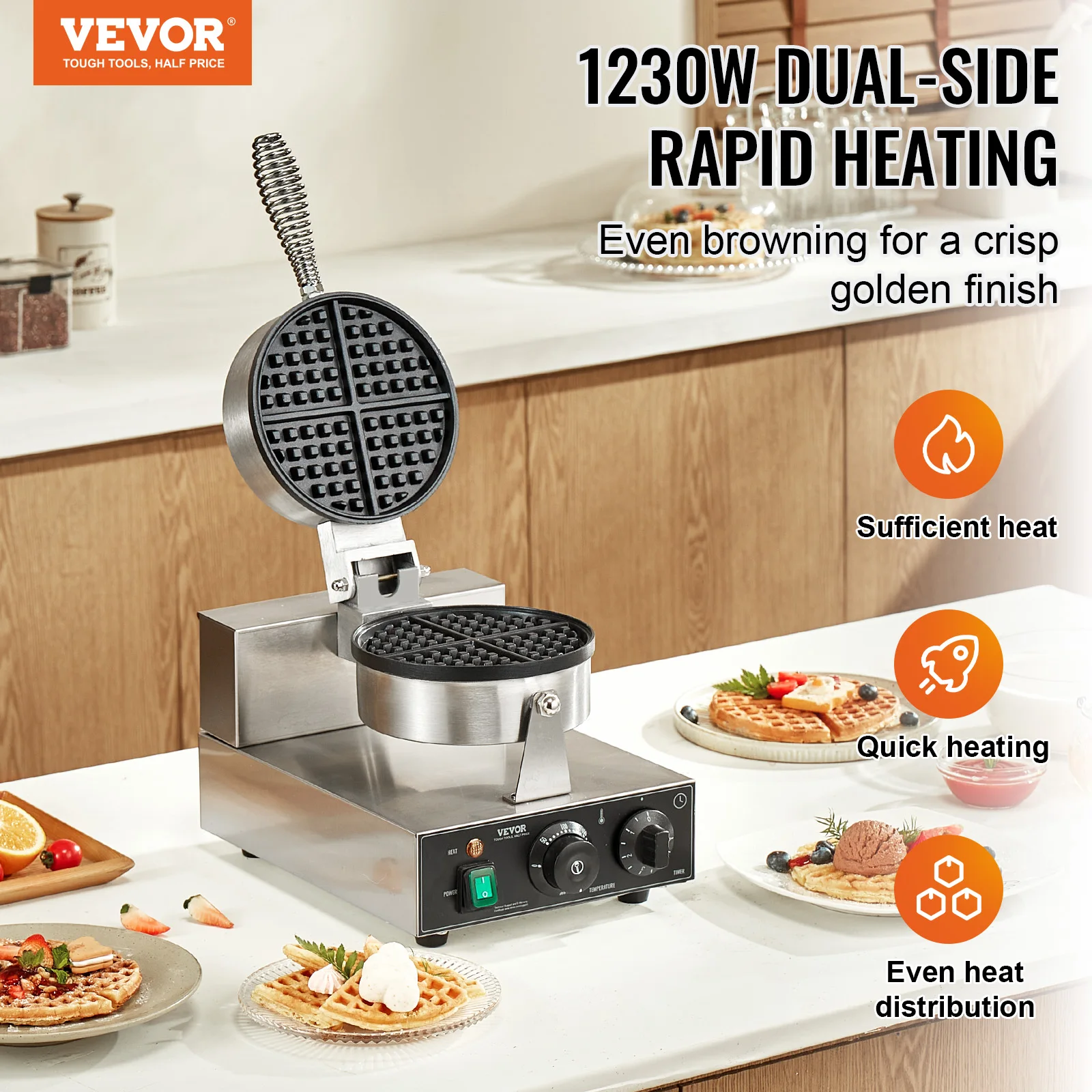 VEVOR Commercial Waffle Maker 1230W Round Waffle Baker Machine Non-Stick Stainless Steel Belgian Waffle Iron with TIme Control