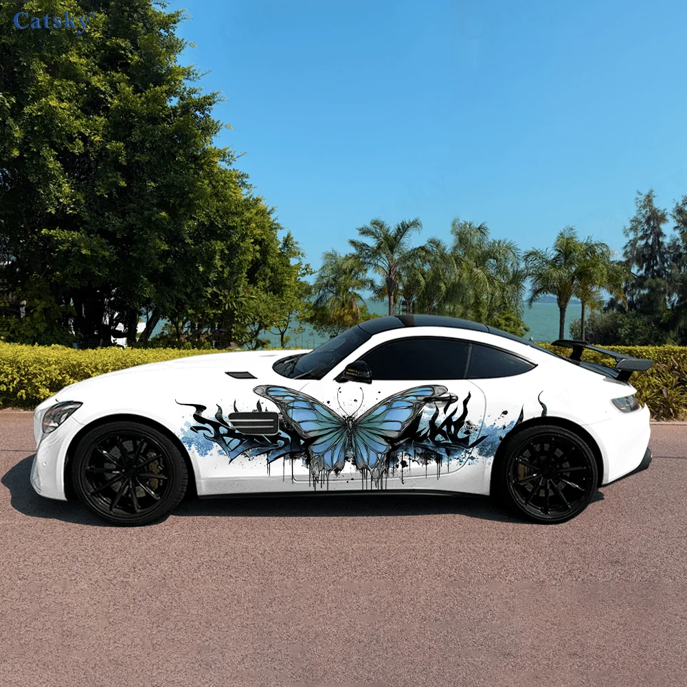 Dynamic Blue Butterfly Vine Car Side Sticker Decor,PVC Waterproof Scratch Resistant Decal,Car Protection,Auto Accessories Gift