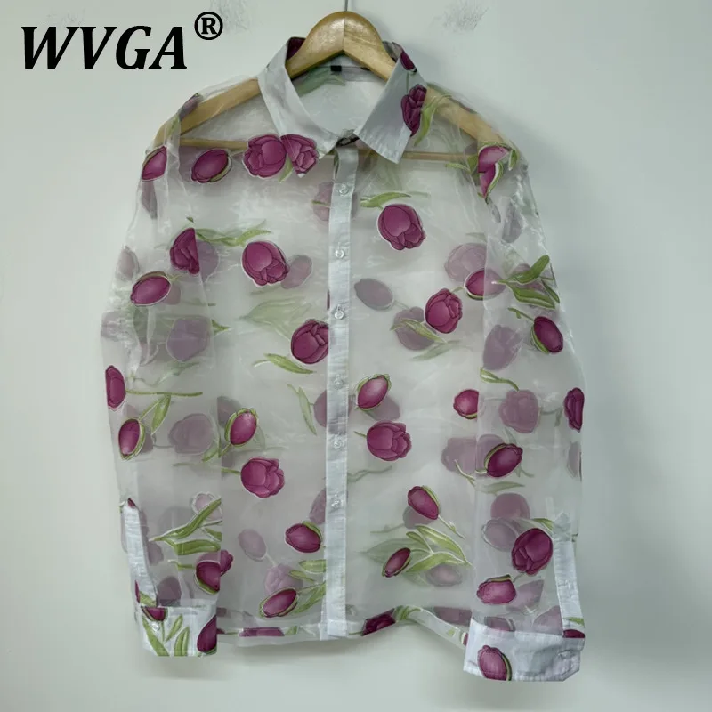 

WVGA Shirts Spring Summer Autumn New Man Tide Tulip Printed Sheer Organza Niche Layered Chic Ccasual Long Sleeve Tops Ins W10945