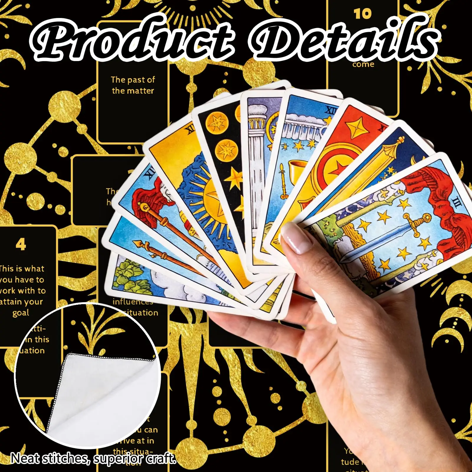 Tarot Altar Cloth Black Tablecloth Sun Lunar Phase Star Print Square Card Table Tablecloth Cards Not Included for Reading Ritual
