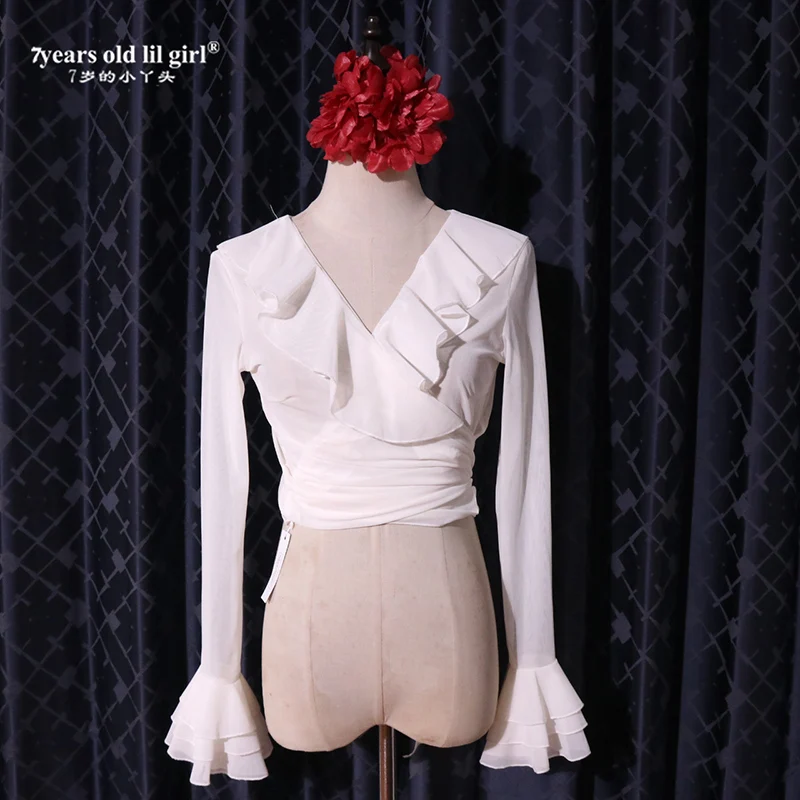 2025 ラテンダンス/フラメンコスペイン風ブラウス クロスメッシュトップ レディース/ガールズ 練習用 FLM03