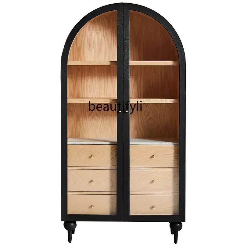 

LD25Retro Black Arched Double Door Solid Wood Bookcase American Color Matching Glass Storage Cabinet Sideboard Cabinet