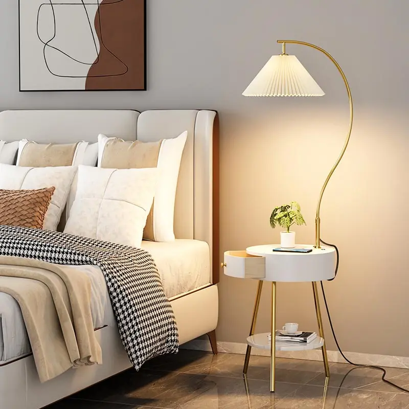 LED Pleated Floor Lamp with Wood Shelves 2