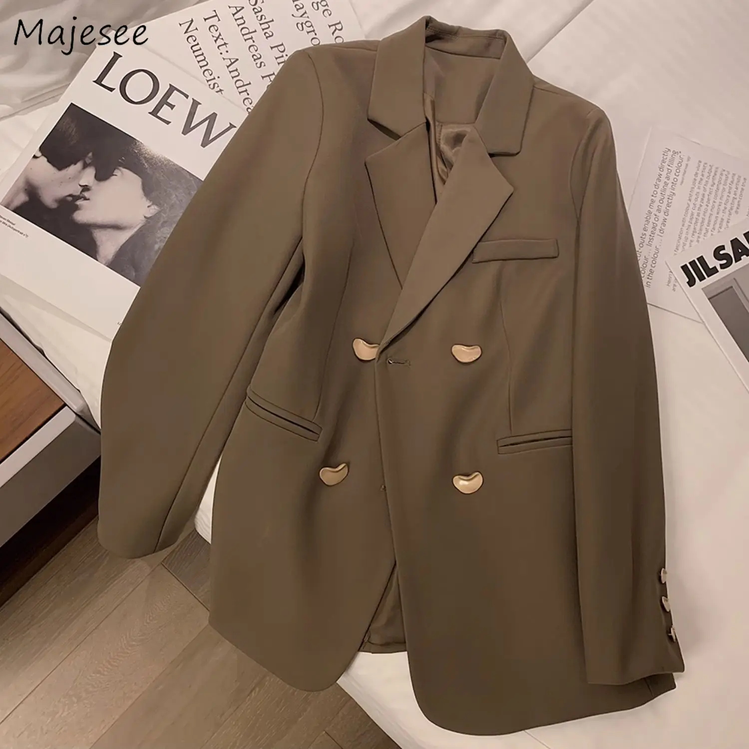 Blazers Coat for Women Heart Double Breasted Korean Stylish Temper Notched Retro Outerwear All-match Spring Casual Office Lady