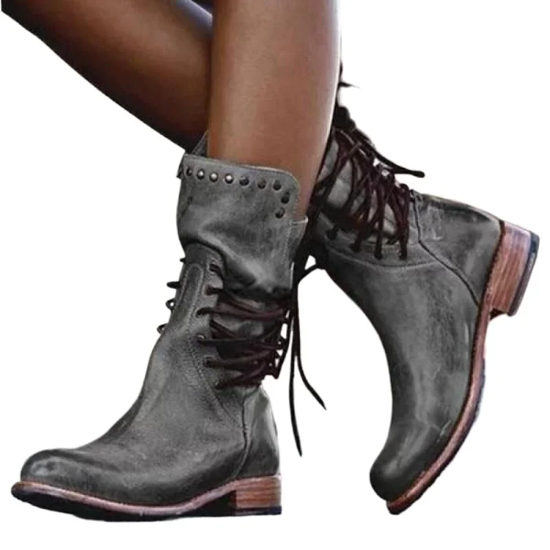 

Women Mid-Calf Boot Fashion Rivet Knight Boots British Style Autumn Winter Female Shoes Cross Lace Morden Booties Size 35-43