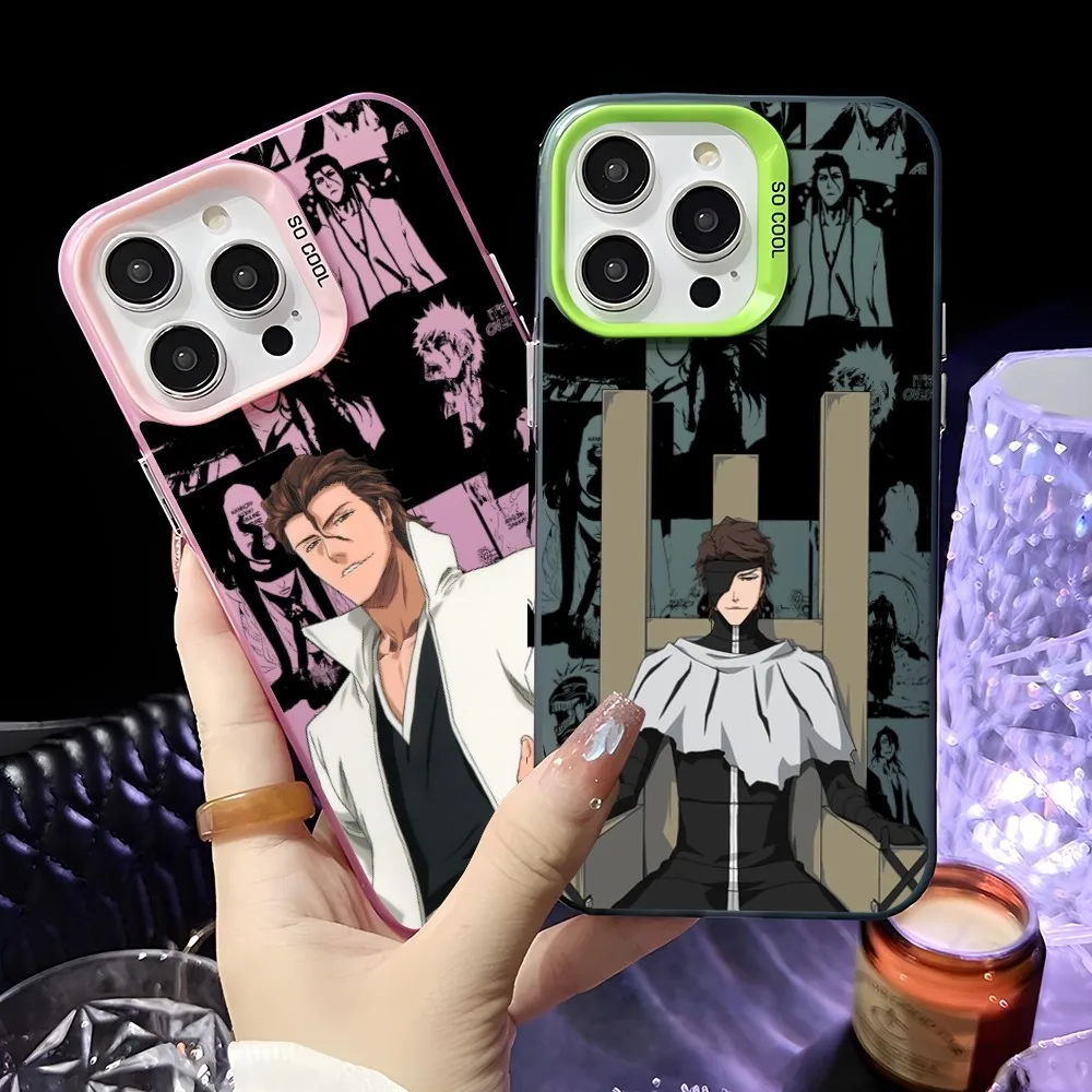 

Anime S-Sosuke Aizen Phone Case For iPhone 16 15 14 13 12 11 Pro Max Pink Green Matte Laser Metallic Aurora Funda