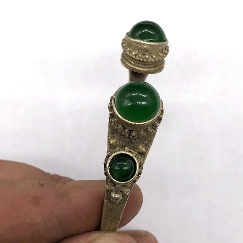 Old Collectible Chinese Tibet Silver Handwork Auspicious Green Jade Bracelet