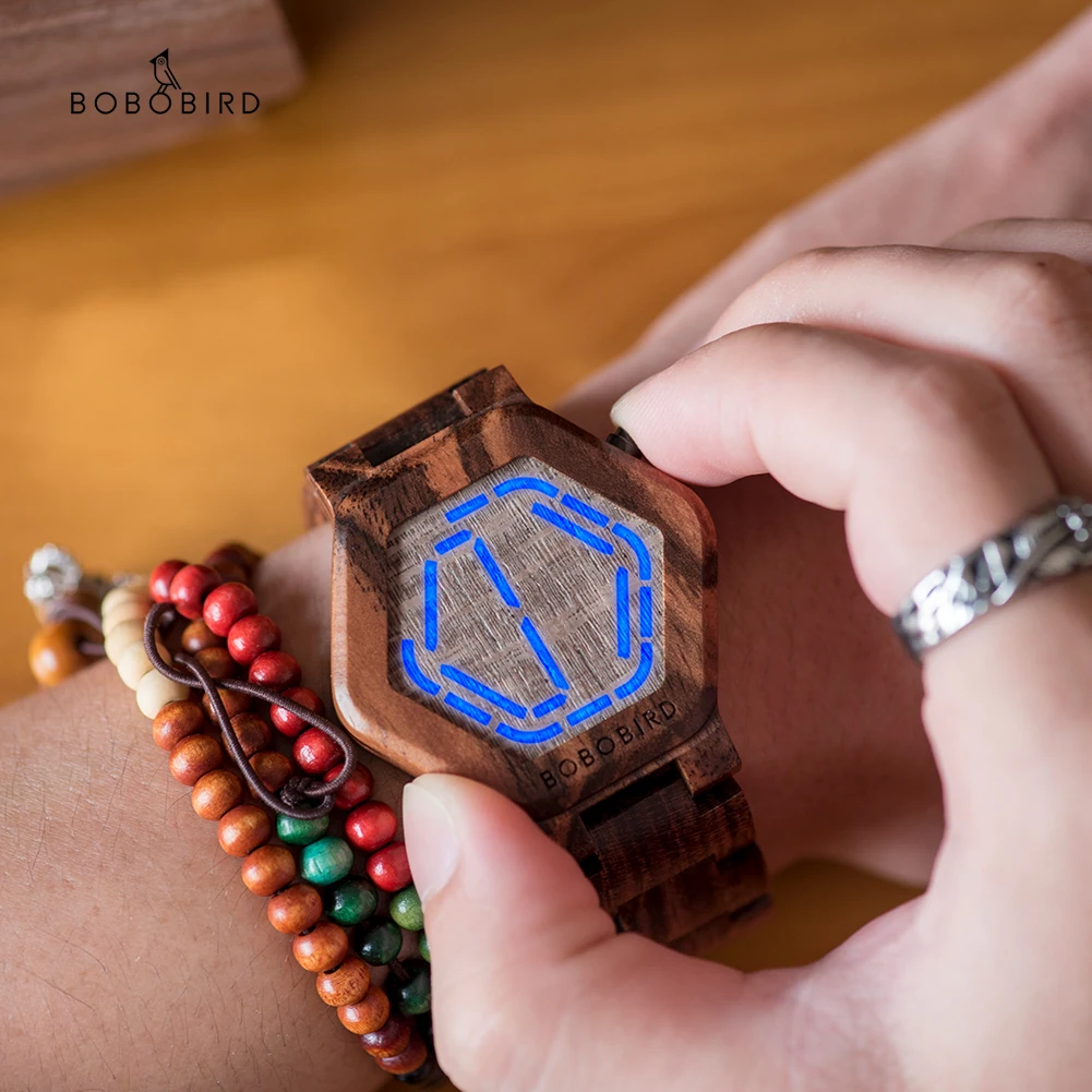 

BOBO BIRD Men's Wooden Digital Watch Unique LED Digital Watch With Quartz Night Vision Wristwatch for Men Gift Customize Text