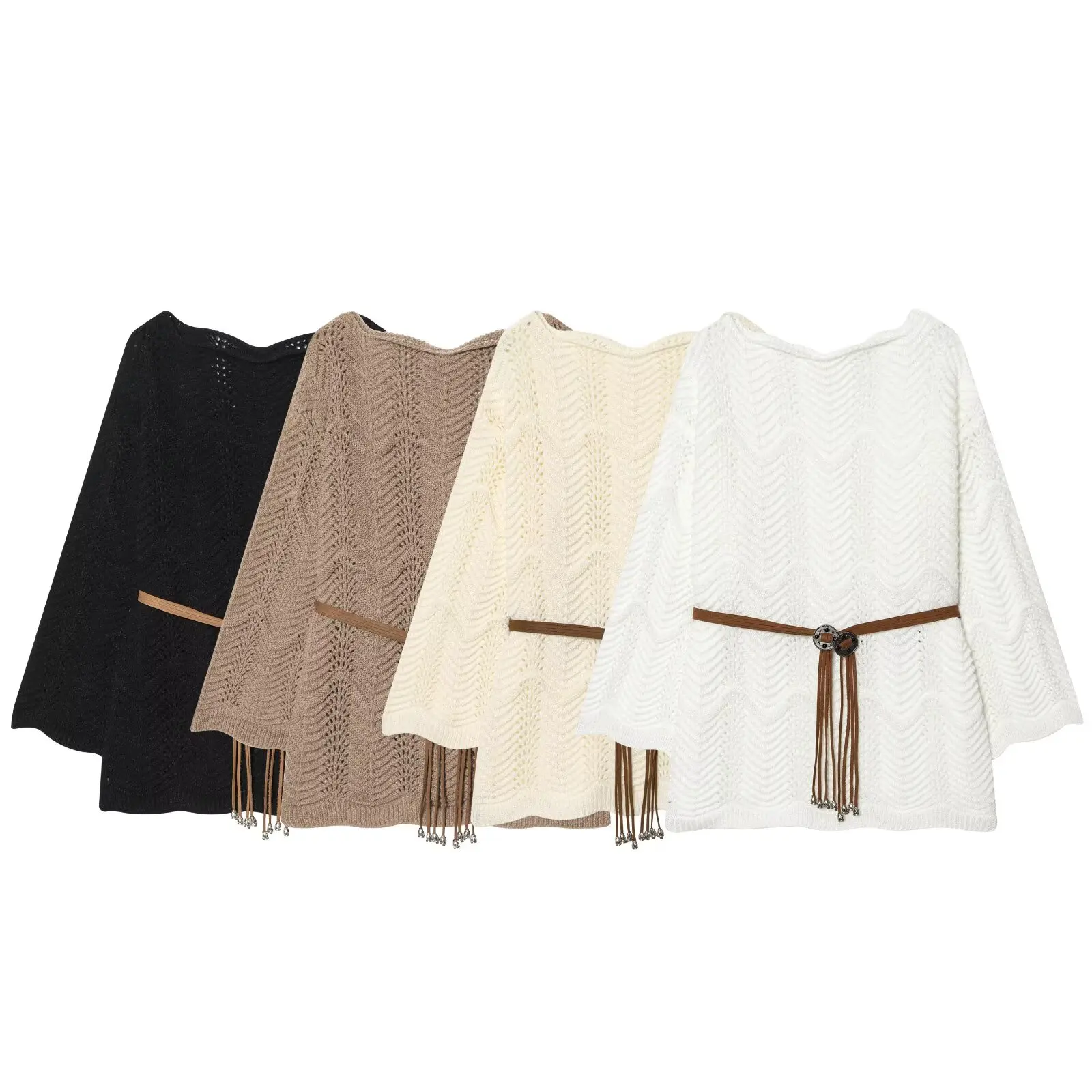 

WOMAN 2026 summer new fashionable casual V-neck long sleeved shirt with belt knitted sweater retro women's shirt chic top Mujer
