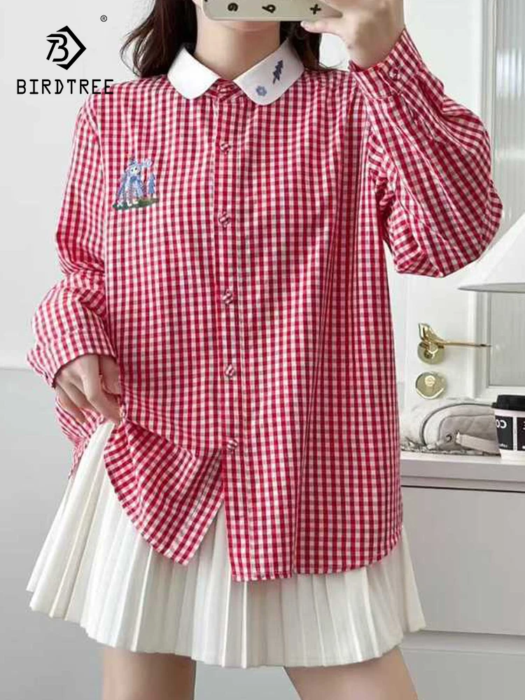 

New 2025 Fall Cotton Long Sleeve Shirt, Women Turn-down Collar Plaid Embroidery, Mori Girl Retro Commute Loose Blouse T5O0113CC