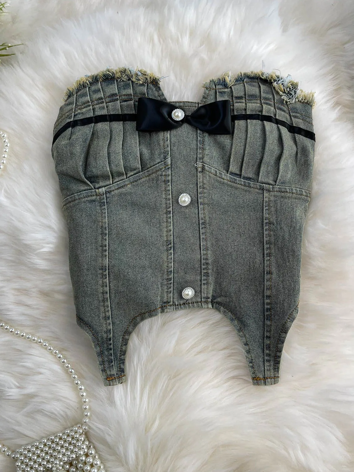Cool Street Style Short Denim Fringed Tube Top Women's  Knot Slimming Top Korean Version Commute Friendly Pure Color