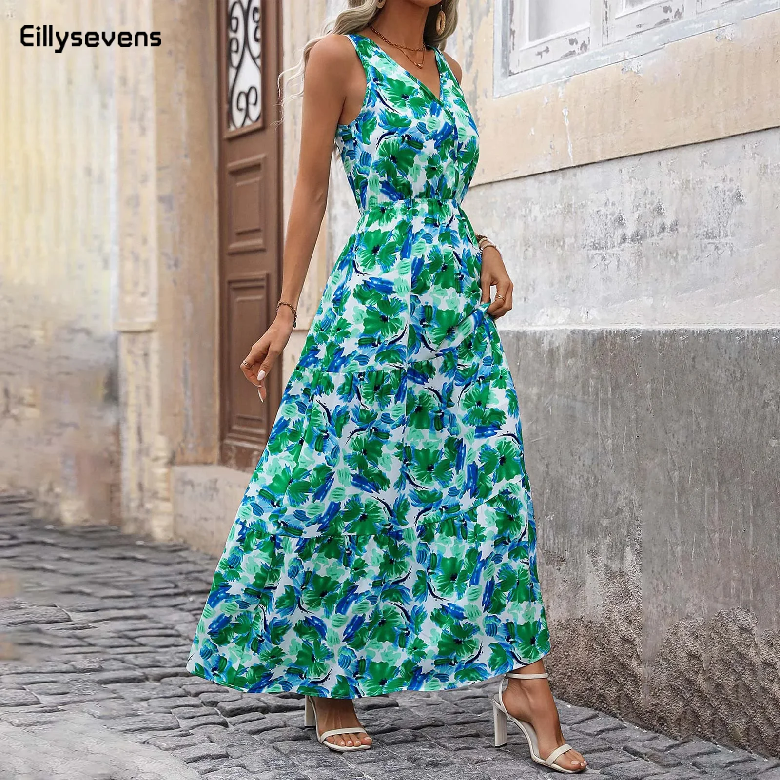 

Maxi Dresses For Women Summer Tiered Ruffle Print Boho Beach Ladies Vestidos Evening Party Elegant Dress Vintage Long Dress