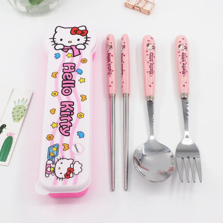 

Hello Kitty Cute Chopsticks Spoon Fork Set 3pcs Student Single Tableware Storage Box