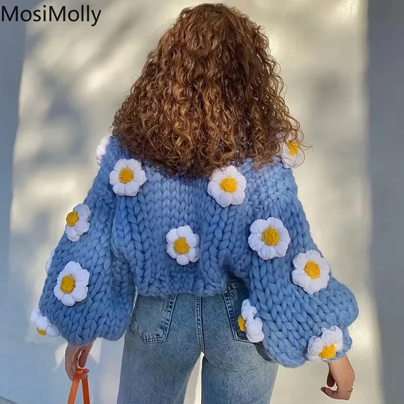 MosiMolly 2022 Flower Handmade Sweater Cardigan Jumper Women Open Stitch Cardigan Puffs Sweater Cardigan Knitting Coats Winter