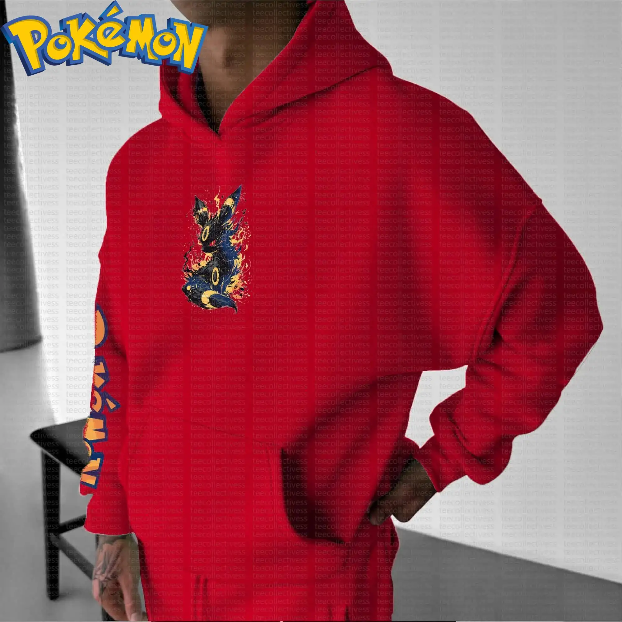 Pokemon Anime Gengar Cotton Hoodie Red Color Character Print with Multicolor Dynamic Ghost Pattern and Sleeve Design Casual