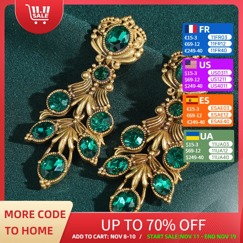 

Vintage Green Crystal Large Earrings Summer 2025 Drop Earring Antique Gold Color Jewelry Luxury Unique For Woman Christmas 2025