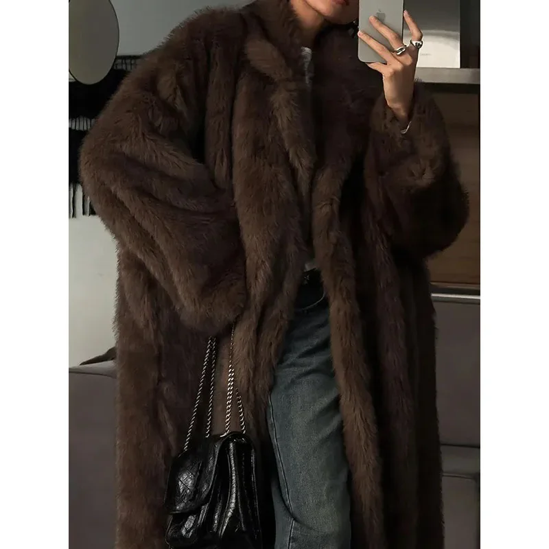 2026 Woman Winter Warm Fluffy Long Faux Fur Coat Female Fashion Street Furry Overcoat Lapel Vintage Luxury Loose Fit Coat
