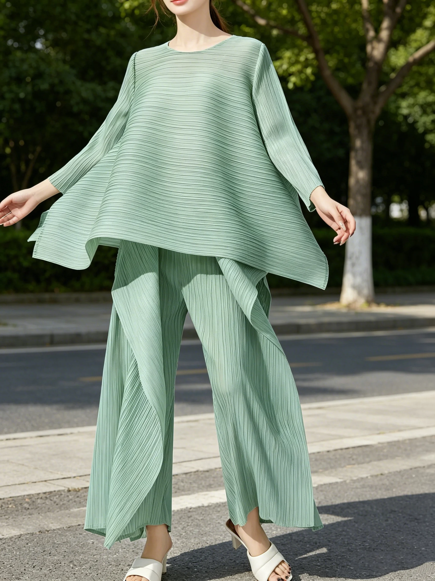 Asymmetrical Design Pleated Top Wide Leg Pants Set Women's High Waist Artistic Sensation Three Houses Style Fashion Set