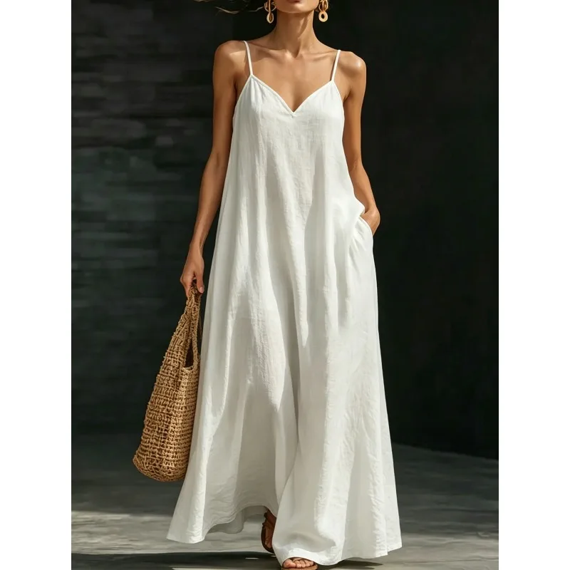 Women Solid Color Slip Maxi Dress Sleeveless V Neck Oversized Flowy Dress with Side Pockets 2026 New Holiday Resort Daily Wear