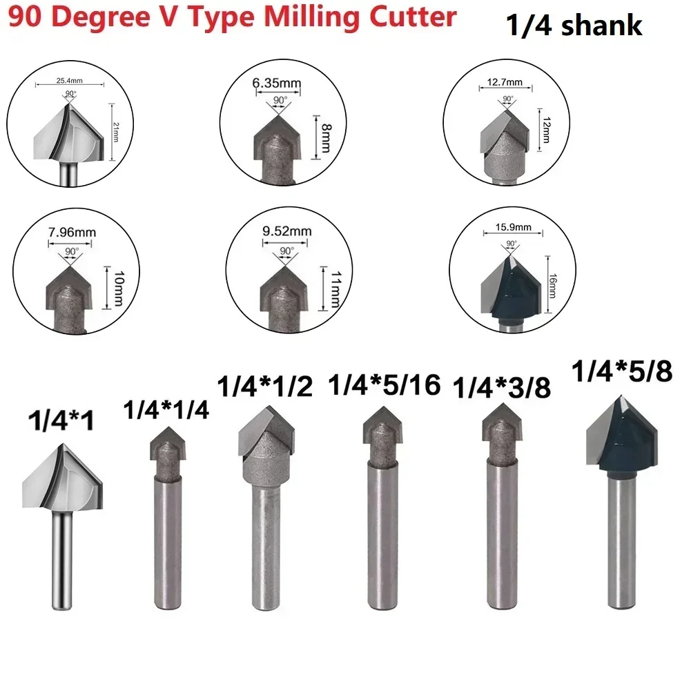 1 Pcs 1/4 Inch Shank 90 Degree V Groove Router Bit Set CNC Engraving Drill Bits For Woodworking Tools Accessories