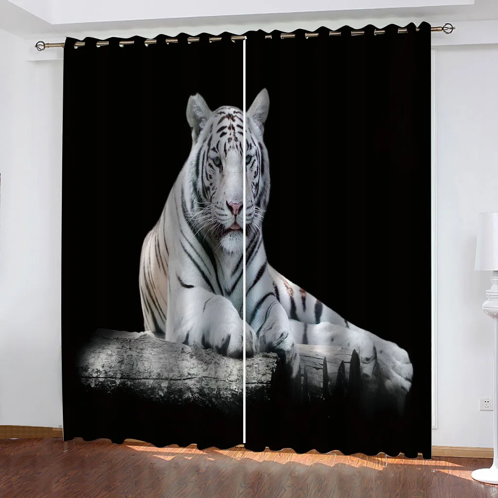 

HUANZHUANG Bedroom Curtains black and white tiger Rod Pocket Wooden Door Printed Living Room Curtain For Home Decor Treatment