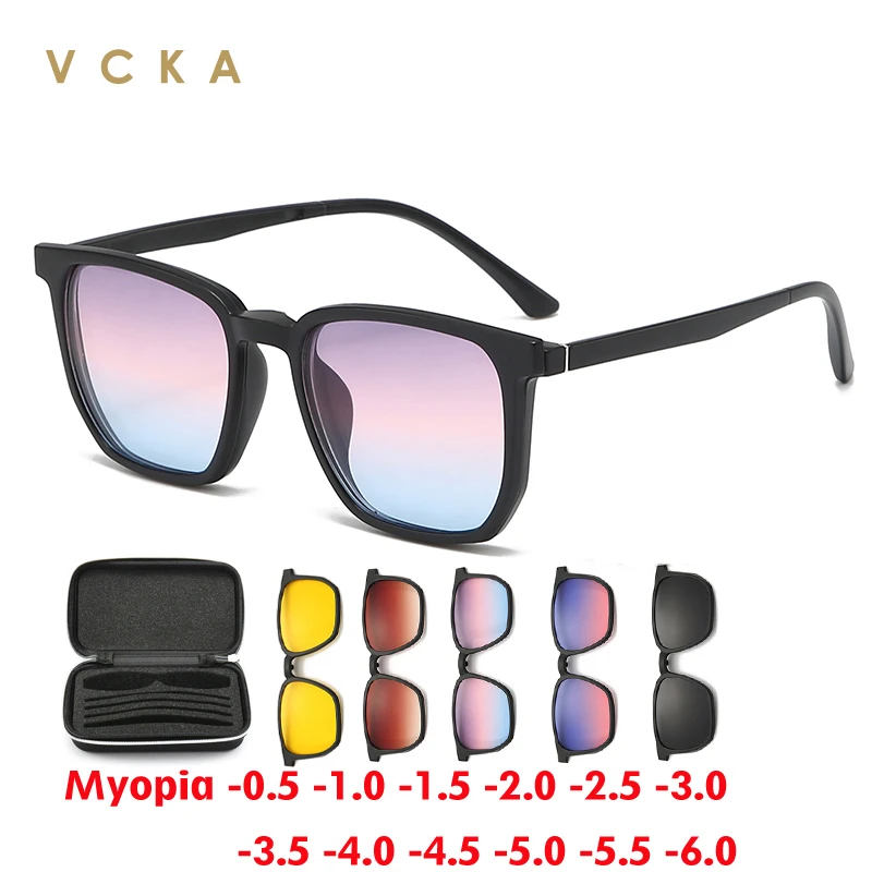 

VCKA 6 In 1 Myopia Polarized Sunglasses Big Frame Glasses Men Women Gradient Clip Magnet Custom Prescription Eyewear -0.5 to-10