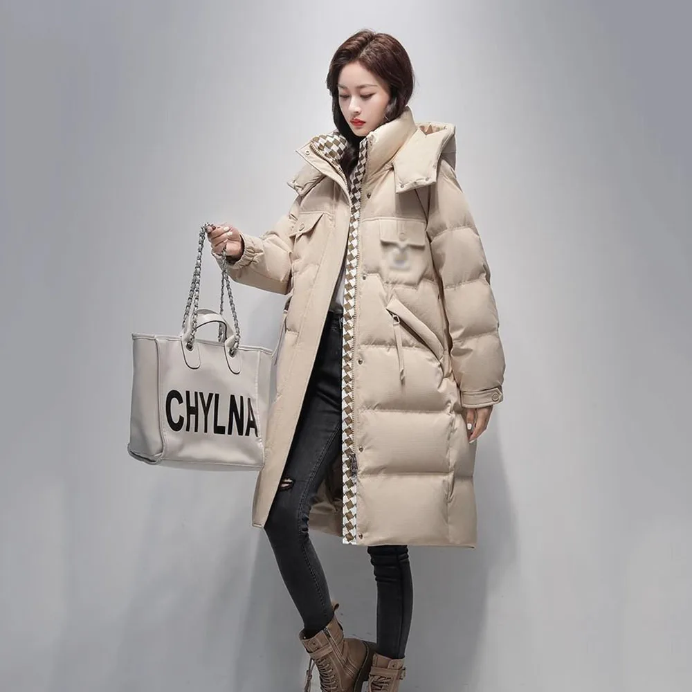 Long Hooded Down Jacket Women Over the Knee 2024 Autumn And Winter Warm Fashion Temperament Loose White Duck Down Jacket Tide.