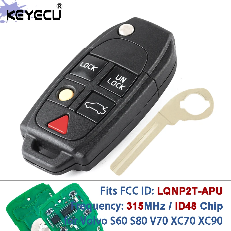 KEYECU FCC ID: LQNP2T-APU Part #: 8688799 315MHz ID48 Chip Flip Keyless Remote Key for VOLVO S60 S80 V70 XC70 XC90 2004-2015