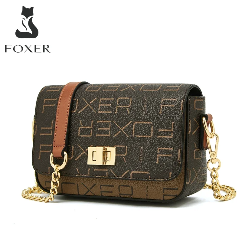 FOXER Lady PVC Leather Fashion Flap Messenger Bag Brand Women's Signature Shoulder Bag Girl's Vintage Chain Buckle Crossbody Bag