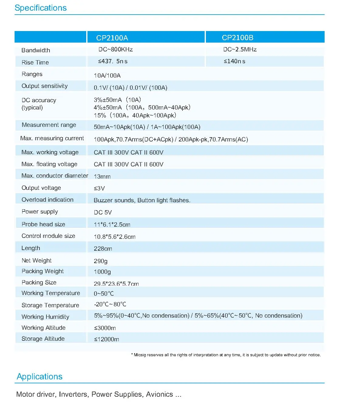 MICSIG Sonda prądowa niskiej częstotliwości AC/DC Seria CP2100 CP2100A CP2100B Szerokość pasma: DC 800KHz / 2.5MHz Prąd 10A/100A