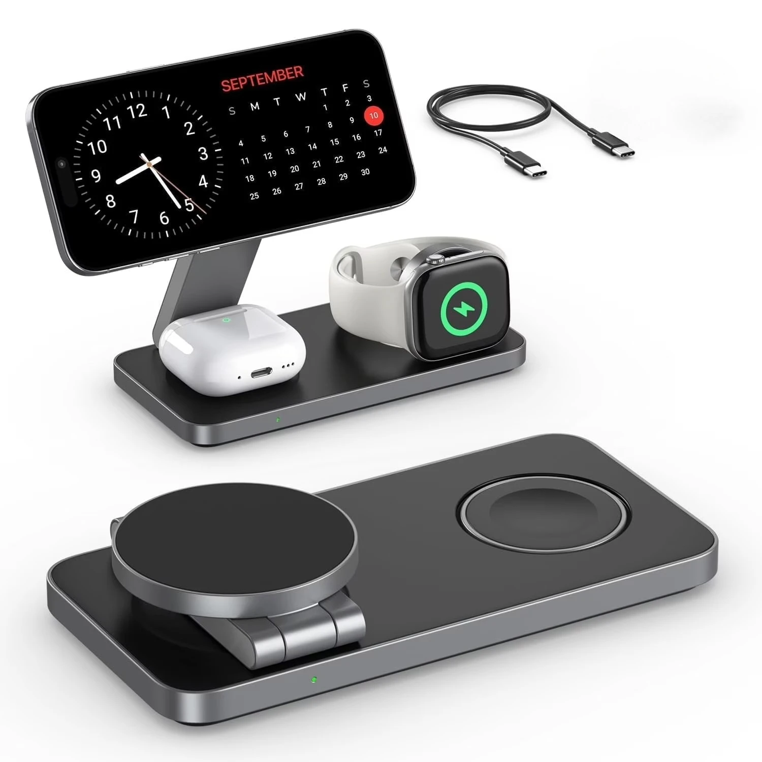 Estación de Carga Inalámbrica Magnética Plegable 3 en 1 para iPhone 17/16/15/14/13/12, iWatch 2-11SE/Ultra, AirPods Pro4/3, Carga Rápida