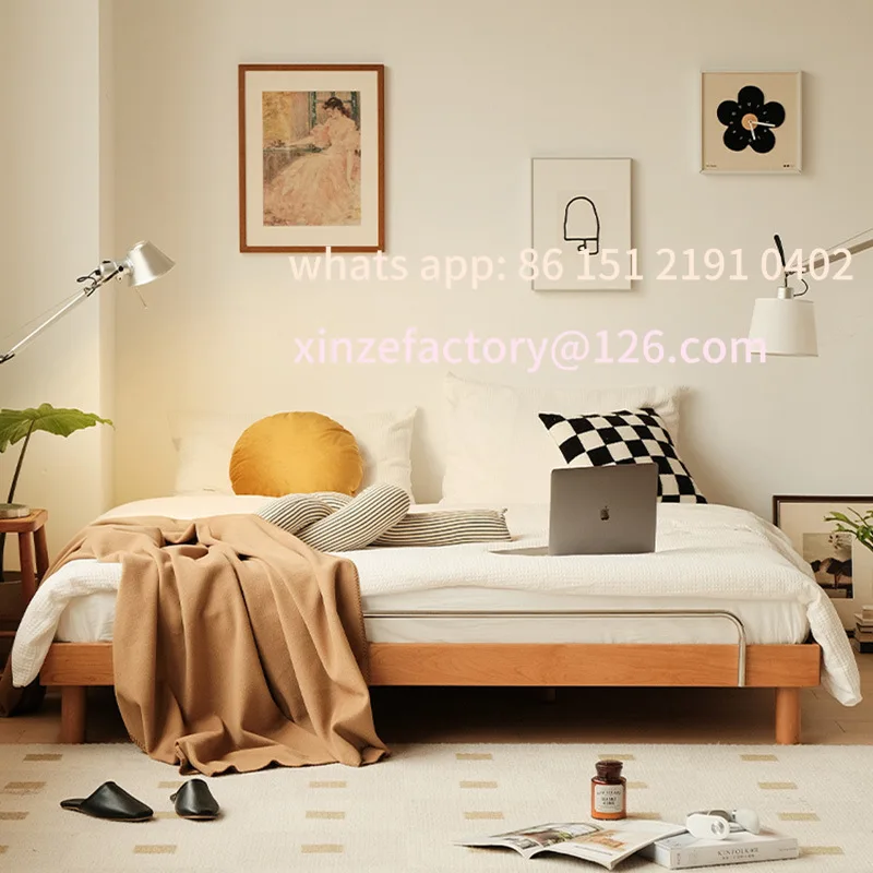 

Customizable small apartment tatami bed Nordic solid wood double bed North American cherry wood furniture bed frame